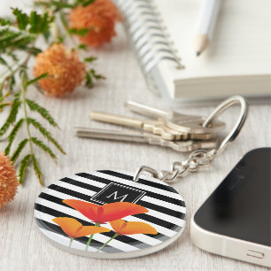 Poppy Chic Black Stripes Monogram Key Ring