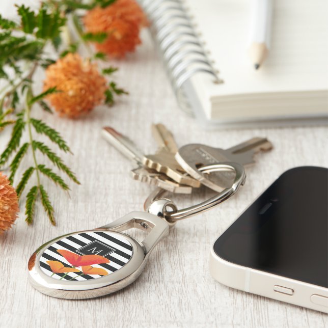 Poppy Chic Black Stripes Monogram Key Ring (Side)
