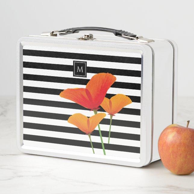 Poppy Chic Black Stripes Monogram Metal Lunch Box (In Situ)