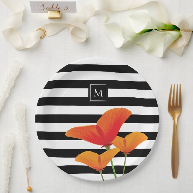 Poppy Chic Black Stripes Monogram Paper Plate (Wedding)