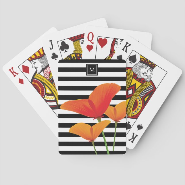 Poppy Chic Black Stripes Monogram Playing Cards (Back)