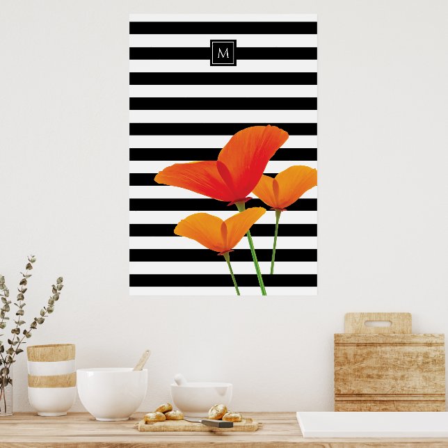 Poppy Chic Black Stripes Monogram Poster (Kitchen)