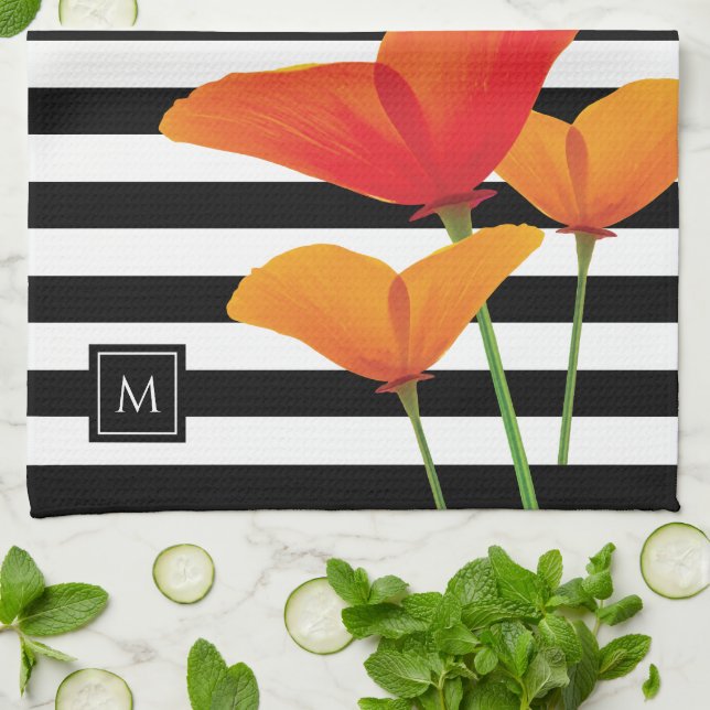 Poppy Chic Black Stripes Monogram Tea Towel (Folded)