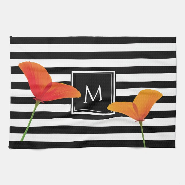 Poppy Chic Black Stripes Monogram Tea Towel (Horizontal)