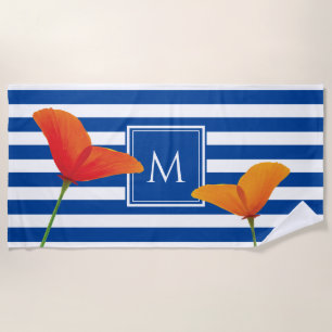 Poppy Chic Blue Stripes Monogram Beach Towel