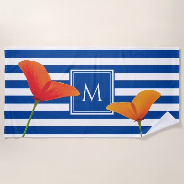 Poppy Chic Blue Stripes Monogram Beach Towel (Front)