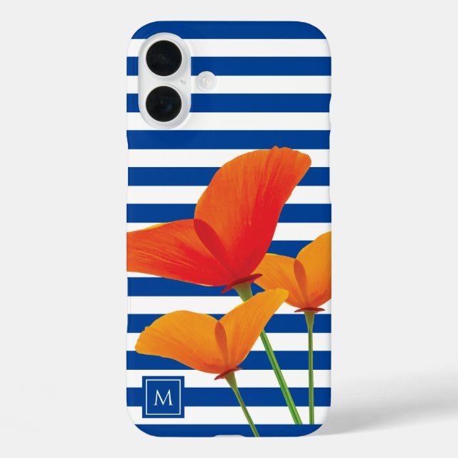 Poppy Chic Blue Stripes Monogram Case-Mate iPhone Case (Back)