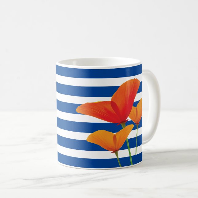 Poppy Chic Blue Stripes Monogram Coffee Mug (Front Right)