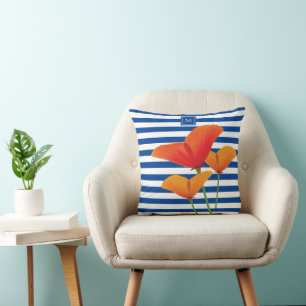 Poppy Chic Blue Stripes Monogram Cushion