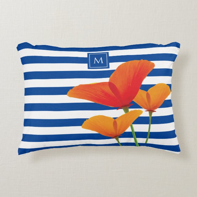 Poppy Chic Blue Stripes Monogram Decorative Cushion (Front)