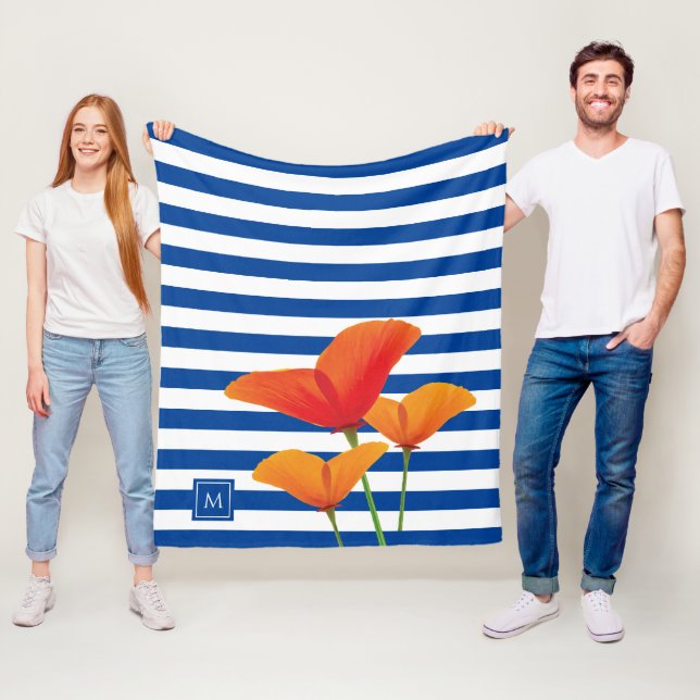 Poppy Chic Blue Stripes Monogram Fleece Blanket (In Situ)
