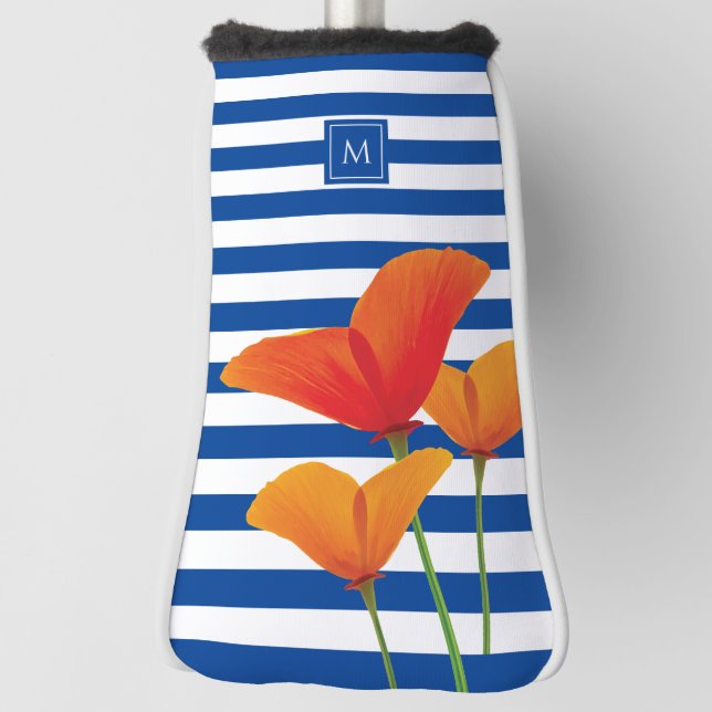 Poppy Chic Blue Stripes Monogram Golf Head Cover (Rotate 90)