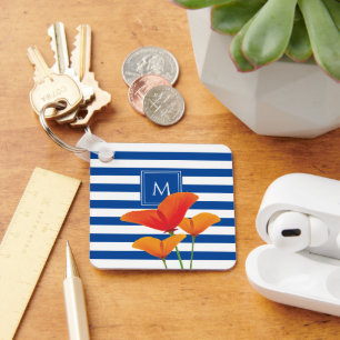 Poppy Chic Blue Stripes Monogram Key Ring