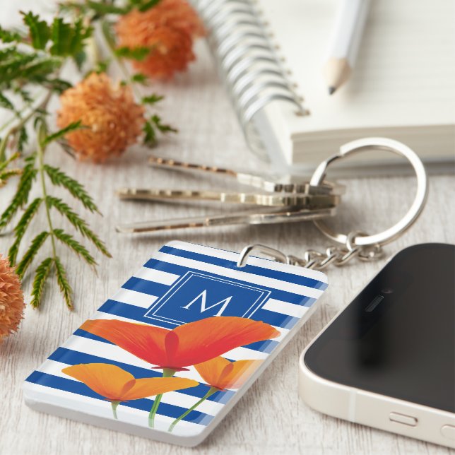 Poppy Chic Blue Stripes Monogram Key Ring (Front Right)