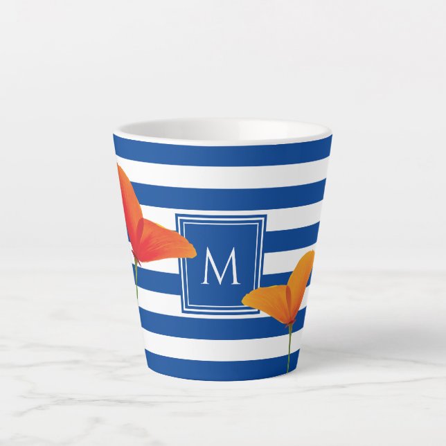Poppy Chic Blue Stripes Monogram Latte Mug (Front)