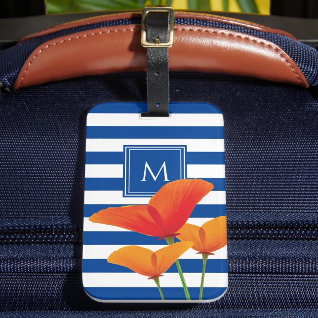 Poppy Chic Blue Stripes Monogram Luggage Tag (Front Insitu 2)