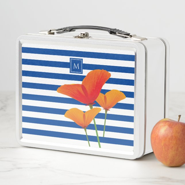 Poppy Chic Blue Stripes Monogram Metal Lunch Box (In Situ)