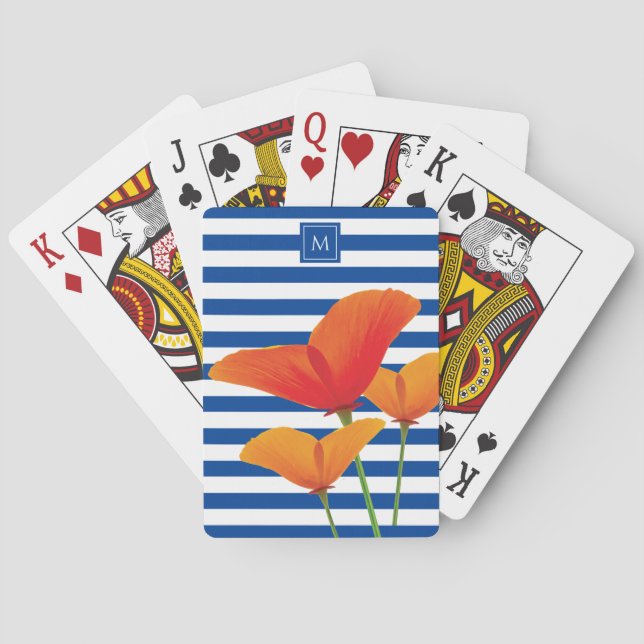 Poppy Chic Blue Stripes Monogram Playing Cards (Back)