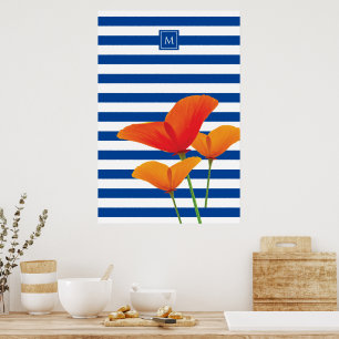 Poppy Chic Blue Stripes Monogram Poster