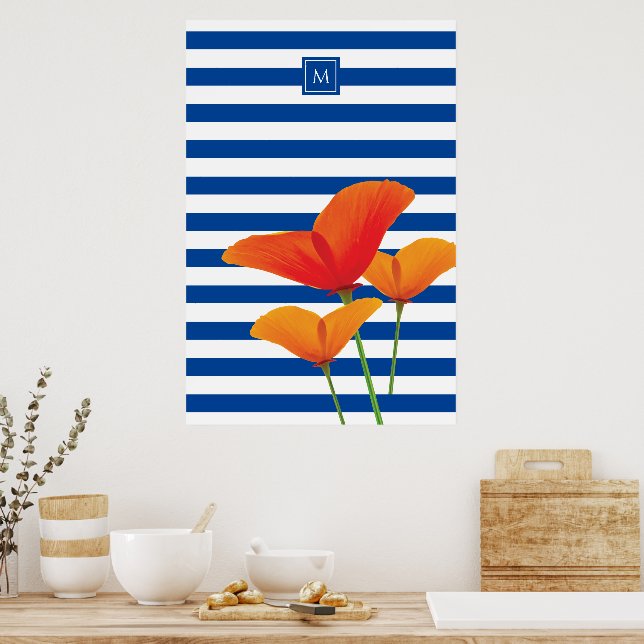 Poppy Chic Blue Stripes Monogram Poster (Kitchen)