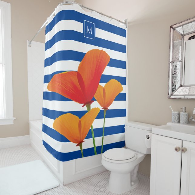 Poppy Chic Blue Stripes Monogram Shower Curtain (In Situ)