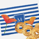 Poppy Chic Blue Stripes Monogram Tea Towel<br><div class="desc">California golden orange and red poppies pop against deep blue and white stripes for bold chic summer style elegantly finished with your monogram framed inside a classy dark blue square. ♡ Idyllfire</div>