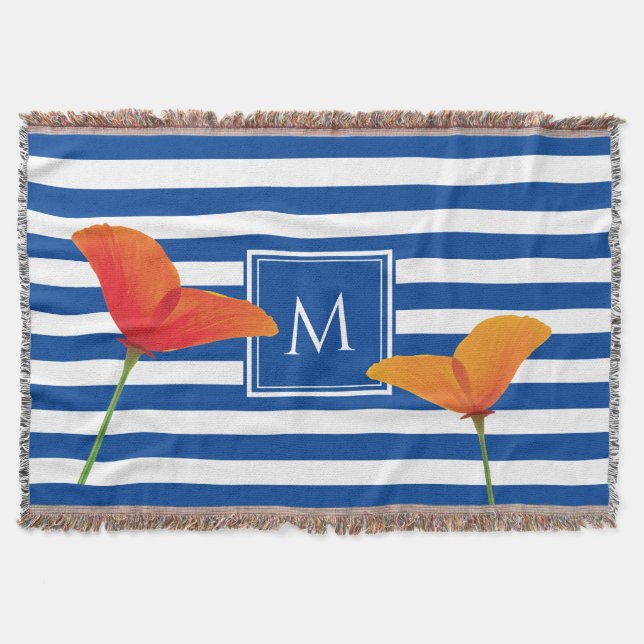 Poppy Chic Blue Stripes Monogram Throw Blanket (Front)