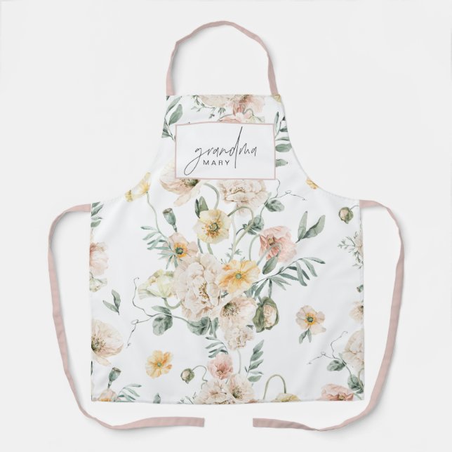 POPPY Cute Pastel Wildflower Grandma Name Apron (Front)