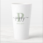 Poppy Elegant Script Monogram Silver Green Latte Mug<br><div class="desc">Latte mug for a new poppy or long established dad, which you can personalise with the date they became a father. This trendy minimalist design has a subtle colour palette of silver green, black and white. It has a poppy monogram, with the initial letter P and the name poppy, lettered...</div>