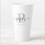 Poppy Elegant Script Monogram Silver Green Latte Mug<br><div class="desc">Latte mug for a new poppy or long established dad, which you can personalise with the date they became a father. This trendy minimalist design has a subtle colour palette of silver green, black and white. It has a poppy monogram, with the initial letter P and the name poppy, lettered...</div>