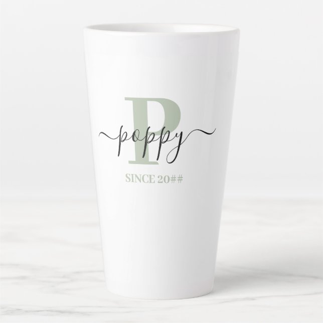 Poppy Elegant Script Monogram Silver Green Latte Mug (Front)