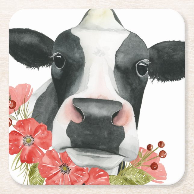 Poppy Farm - Cow with Flowers Square Paper Coaster (Front)