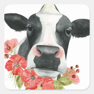 Poppy Farm - Cow with Flowers Square Sticker
