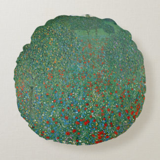 Poppy Field by Gustav Klimt, Vintage Art Nouveau Round Cushion