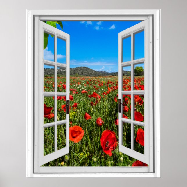 Poppy Field Faux Artificial Window View Poster (Front)