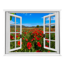 Poppy Field Faux Window View