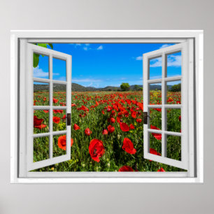 Poppy Field Faux Window View Poster