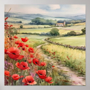 Poppy Field In A Country Landscape Poster
