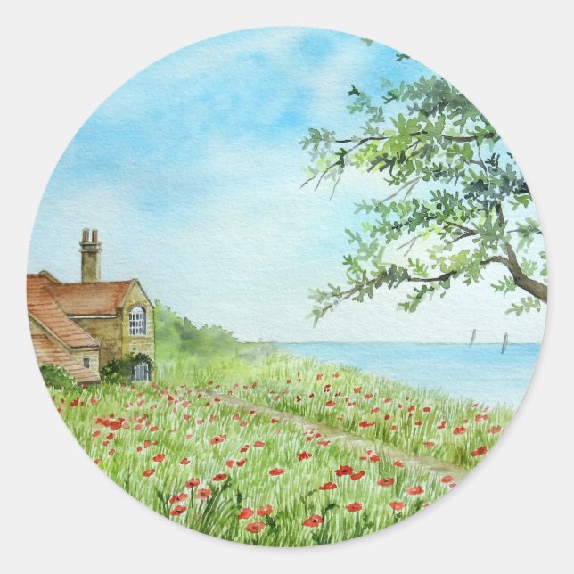 Poppy Field Landscape Watercolor Painting Classic Round Sticker (Front)