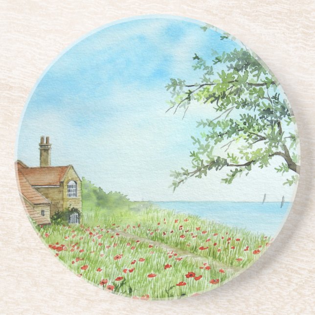 Poppy Field Landscape Watercolor Painting Coaster (Front)