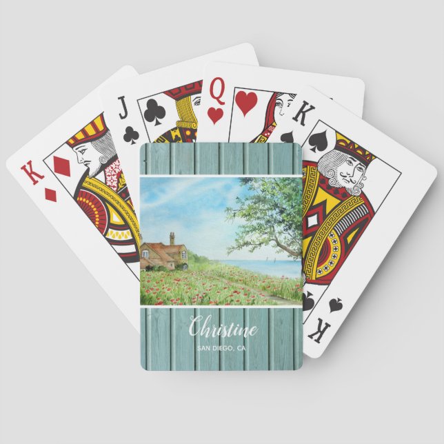 Poppy Field Landscape Watercolor Painting Playing Cards (Back)