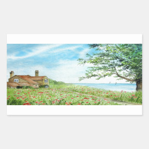 Poppy Field Landscape Watercolor Painting Rectangular Sticker