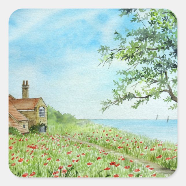 Poppy Field Landscape Watercolor Painting Square Sticker (Front)