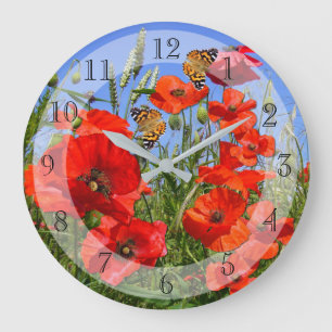 Poppy Field with Butterflies Large Clock