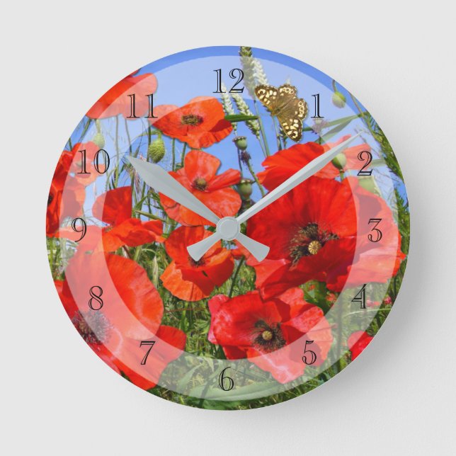 Poppy Field With Butterfly Round Clock (Front)