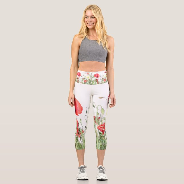 Poppy fields flowers Sun Nature blooms Heart  Capri Leggings (Front)