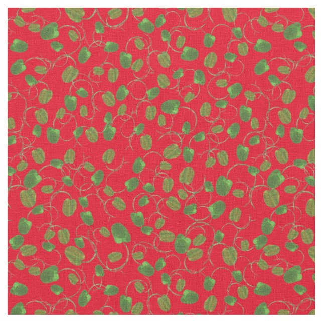 Poppy Fields Green Buds on Red Custom Fabric (Close Up)