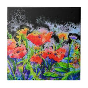Poppy Fields -watercolor floral Tile