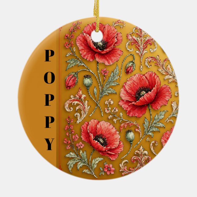 Poppy fleur-de-lis golden design ceramic tree decoration (Back)