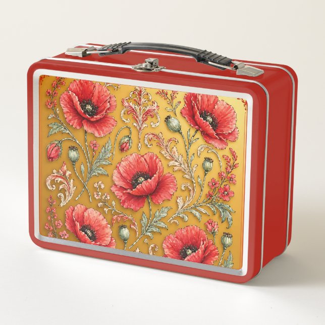 Poppy fleur golden design  metal lunch box (Front)